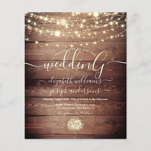 Natural Rustic Wood & White Lights String bruiloft Flyer (Voorkant)