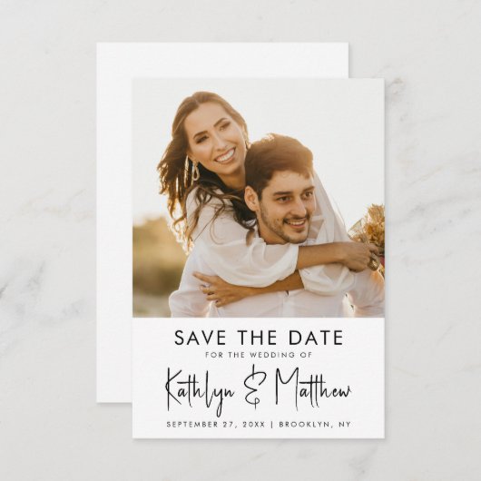 Natural White Fun Script Modern Photo Wedding Save The Date (Voorkant / Achterkant)