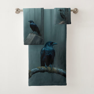 Nature Foggy Forest Bird Ravens and Crows Bad Handdoek