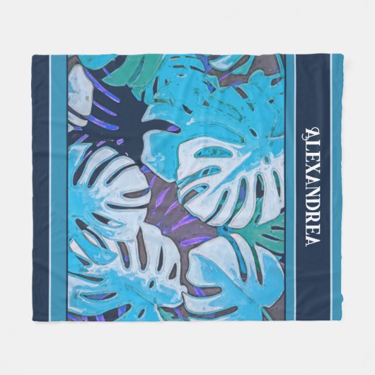 Nature Tropical Blue Leaf Pattern Modern Custom Fleece Deken (Voorkant (Horizontaal))