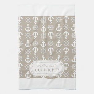 Naturel   Monogram witte Nautical Anchors Wheels Theedoek
