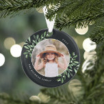 Naturellement Joyeux | Photo personnalisée botaniq<br><div class="desc">Cette saison des Fêtes,  commémorez une année spéciale avec cet élégant ornement de Noël photo personnalisée. Des sprigs gracieux d'aquarelle peinte en vert de forêt encadrent votre photo,  avec votre nom et l'année qui tourne autour. Ajoutez une deuxième photo au verso.</div>