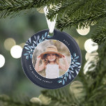 Naturellement Joyeux | Photo personnalisée botaniq<br><div class="desc">Cette saison des Fêtes,  commémorez une année spéciale avec cet élégant ornement de Noël photo personnalisée. Des sprigs gracieux d'aquarelle bleu glacé encadrent votre photo,  avec votre nom et l'année qui tourne autour. Ajoutez une deuxième photo au verso.</div>