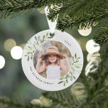 Naturellement Joyeux | Photo personnalisée botaniq<br><div class="desc">Cette saison des Fêtes,  commémorez une année spéciale avec cet élégant ornement de Noël photo personnalisée. Des sprigs gracieux d'aquarelle peinte vert clair encadrent votre photo,  avec votre nom et l'année qui tourne autour. Ajoutez une deuxième photo au verso.</div>