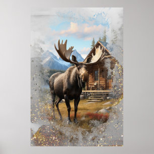 *~* Natuur AP49 MOOSE Artsy Cabin Sparkle Sky Poster