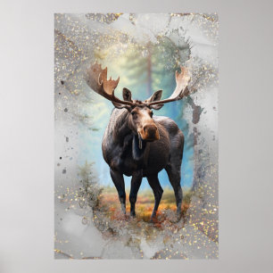 *~* Natuur AP49 MOOSE Artsy Forest Gold Glitter Poster