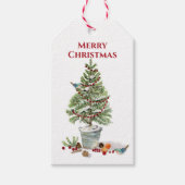 Natuur Bird Kerstboom Waterverf Rustiek Plaid Cadeaulabel (Voorkant)