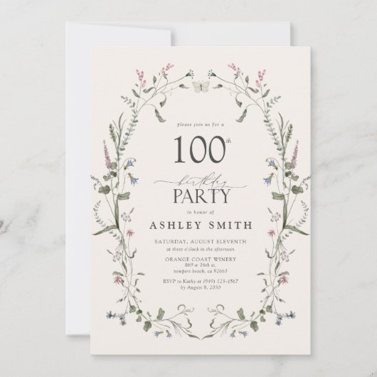 Natuur Bloemen 100ste Verjaardagsfeestje Waterverf Kaart (Voorkant)