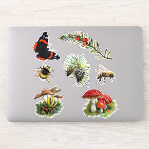 Natuur bospaddenstoelen, bijen, vlinder sticker
