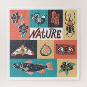 Natuur-elementen, retro-stijlpictogrammen. legpuzzel