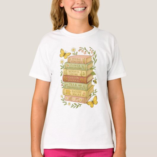 Natuur en boekenliefhebber Botanische Stack T-shirt (Voorkant)