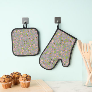 Natuur geïnspireerde bloemen en beestjes ovenwant & pannenlap set