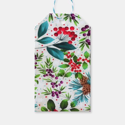 Natuur Holly Berry Pinecones met kerstwinterhout Cadeaulabel (Voorkant)