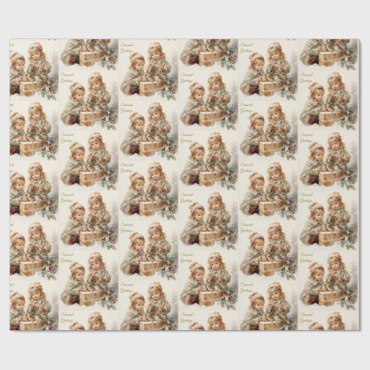 Natuur Kerstmis Kinderen met Vogels Cadeaupapier (Vlak)