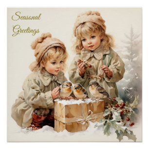 Natuur Kerstmis Kinderen met Vogels Perfect Poster