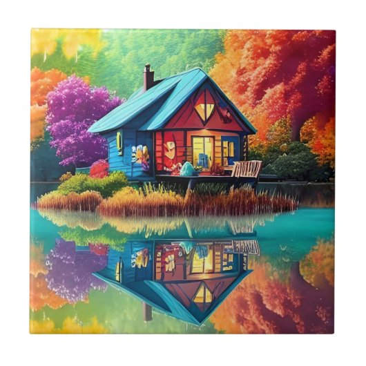 Natuur landschap met Cottage en Lake-38566 Tegeltje (Voorkant)