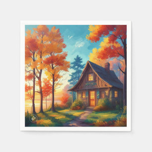 Natuur landschap met een huisje in het bos servet