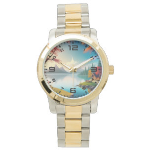 Natuur landschap met een meer en huisje horloge