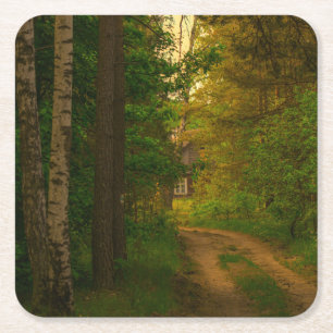 Natuur Landschapslandschap Bos Hut Village Vierkante Kartonnen Onderzetter