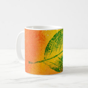 Natuur Leaf Print green op oranje, gele appel. Koffiemok
