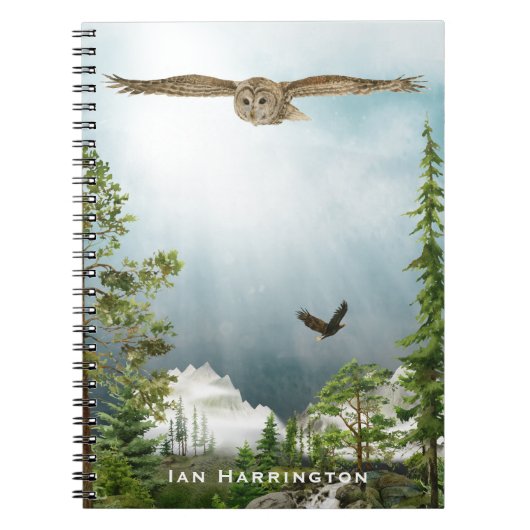 Natuur Lover Owl Monogram Naam Berglandschap Notitieboek (Voorkant)