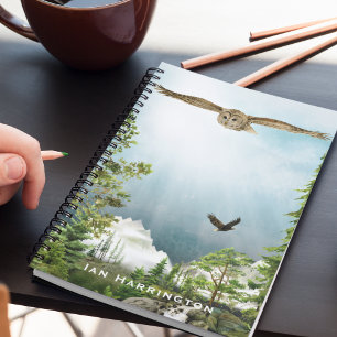 Natuur Lover Owl Monogram Naam Berglandschap Notitieboek