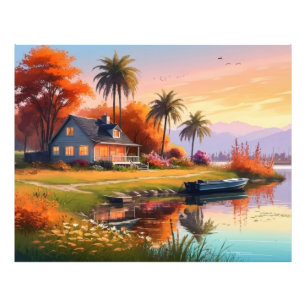 Natuur Sunset Schilderen met Lake, Cottage Foto Afdruk