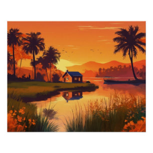 Natuur Sunset Schilderen met Lake, Cottage Perfect Poster