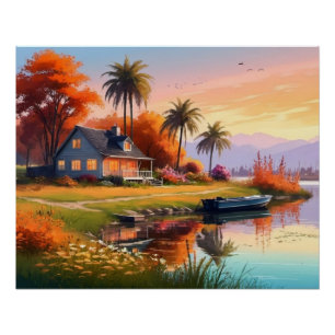 Natuur Sunset Schilderen met Lake, Cottage Perfect Poster