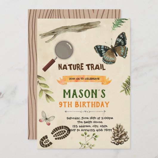 Natuur trail verjaardaguitnodiging kaart (Voorkant / Achterkant)