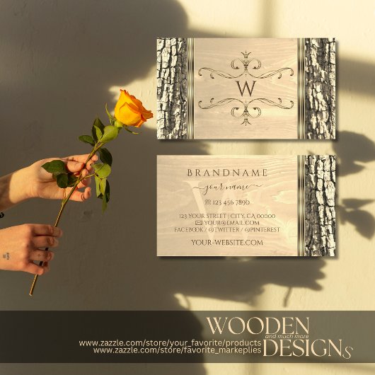 Natuur Tree Bark Wood Grain  Border Monogram Visitekaartje