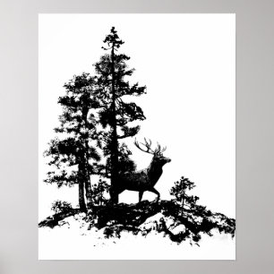 Natuur van de Steg Deer Tree Forest Animal Silhoue Poster