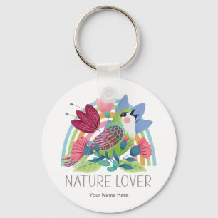 Natuurliefhebber Waterverf Vogel Bloemen Regenboog Sleutelhanger