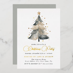 Natuurlijke Beige Blauwe Gouden Kerstboom Folie Uitnodiging