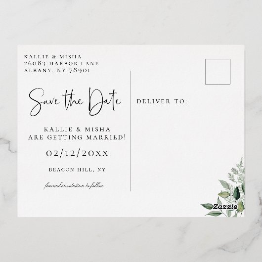 Natuurlijke botanica Bewaar de datum Folie Uitnodiging Briefkaart (Achterkant)