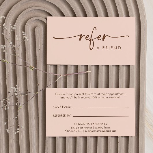 Natuurlijke perzik en bruin modern handgeschreven aanbevelingskaartje