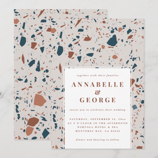 Natuurlijke terrazzotypografie moderne bruiloft aankondiging (Voorkant / Achterkant)