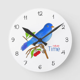 Natuurlijke Tijd – Blauwe Vogel Bloemen Wandklok Ronde Klok