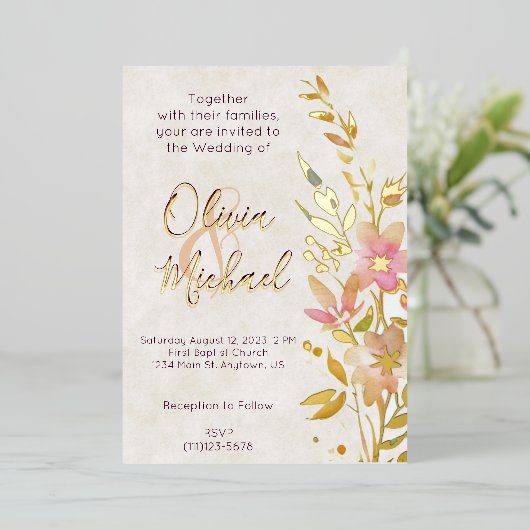 Natuurlijke wilde bloemen Bruiloft Folie Uitnodiging (Staand Voorkant)