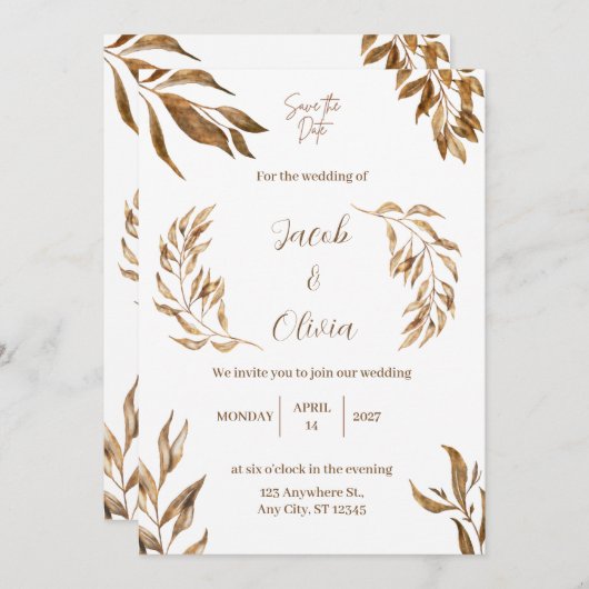 Natuurlijke witte en bruine bruiloft uitnodiging (Voorkant / Achterkant)