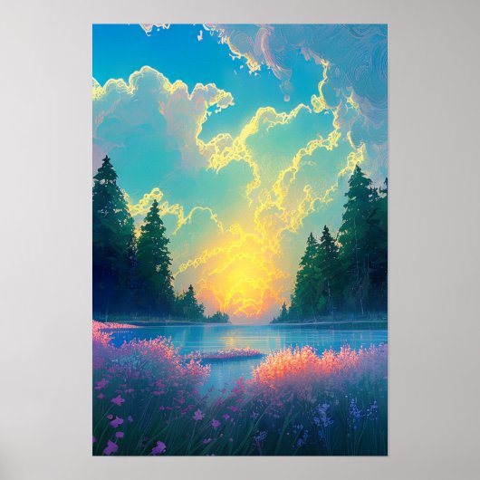 Natuur's Canvas, Charming Lake en Golden Sunset Poster (Voorkant)