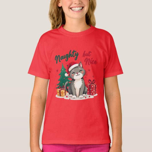 Naughty But Nice Cat Christmas T-shirt (Devant)