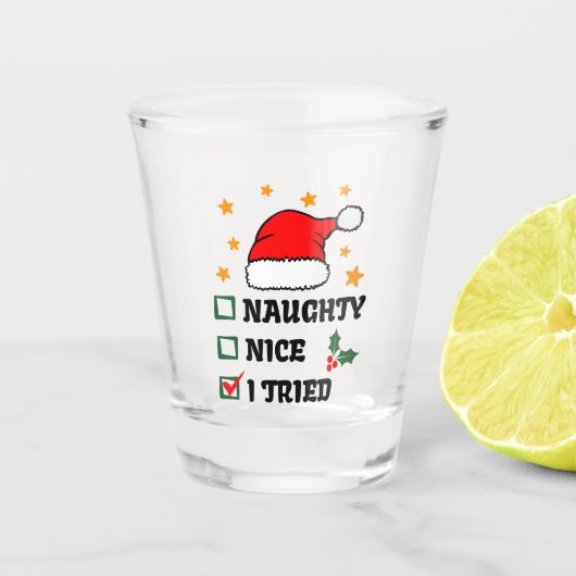 Naughty, Nice, ik heb geprobeerd - Grappig kerstci Shot Glas (Voorkant)