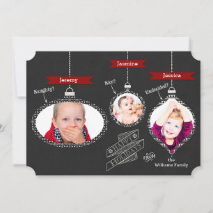 Naughty of Nice? Chalkboardhangende Ornamenten Feestdagenkaart