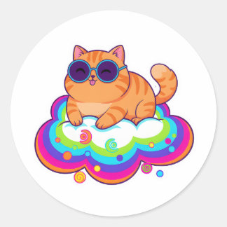 naughty Orange Cat Blep on Rainbow Cloud Ronde Sticker