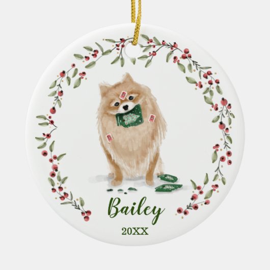Naughty Waterverf Pomeranian Dog Photo Memory Keramisch Ornament (Voorkant)