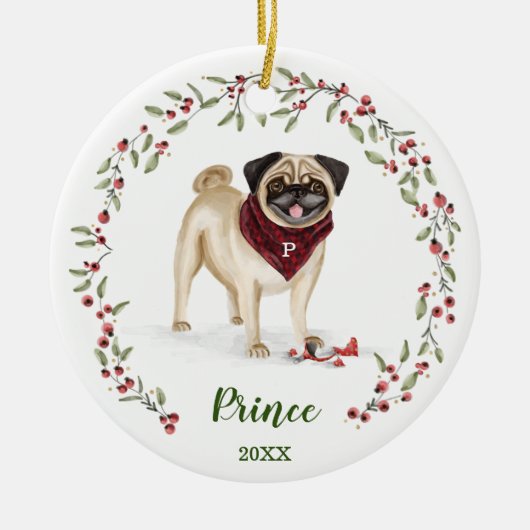 Naughty Waterverf Pug Dog Photo Memory Keramisch Ornament (Voorkant)