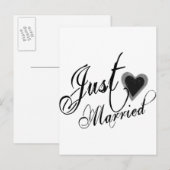 Naughy Grunge Script - Just Married Heart Black Aankondigingskaart (Voorkant / Achterkant)