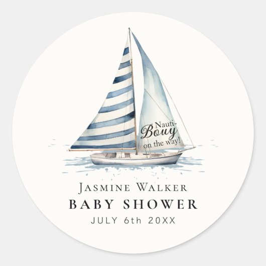 Nauti-Bouy Blue Stripe Sailboat Baby Shower Ronde Sticker (Voorkant)