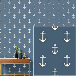 Nautical 0ff-White Anker op Donkergrijs/Blauw Behang